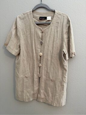 MHM Linen Rayon Tunic Top Size 10 Lagenlook Artsy Boho Button Front Cottagecore